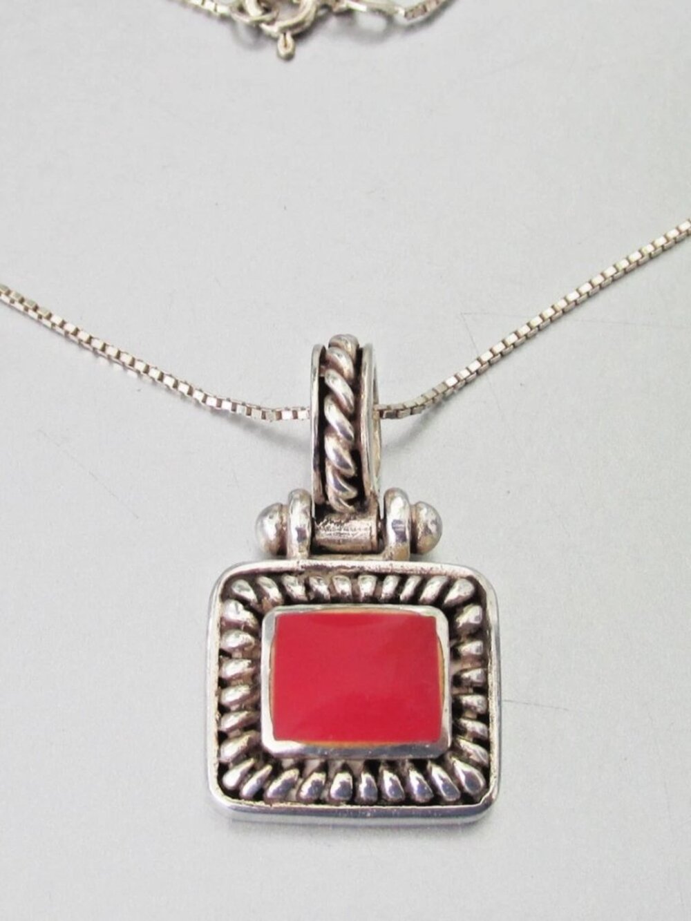 Vintage Sterling Silver RED CORAL Bali Style Pendant Necklace